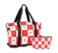 Borsa da viaggio pieghevole con motivo scozzese rosso e bianco a forma di cuore con borsa da viaggio per viaggio a quadri di bufalo rosso/cuore bianco, 1 size, Piastrelle di bufalo/rosso/cuore bianco,
