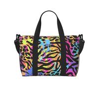 Borsa da viaggio pieghevole con stampa zebrata e animali al neon per donna con tracolla regolabile, grande capacità, leggera e impermeabile, per sport all'aria aperta