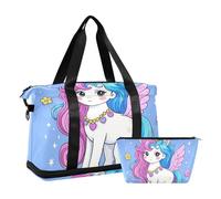 Borsa da viaggio pieghevole con unicorni arcobaleno e cartoni animati, con borsa da toeletta per viaggi di lavoro, Unicorni arcobaleno bianco carino cartone animato, 1 size