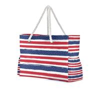 Borsa da viaggio portatile con motivo a righe, colore rosso e blu, borsa da viaggio portatile con tasche laterali, borsa da spiaggia con portabicchieri laterali