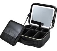 Borsa da viaggio portatile di grande capacità, specchio luminoso dimmerabile a LED con modalità sorgente luminosa a 3 livelli, scatola portaoggetti rimovibile con partizione regolabile, Nero , Small