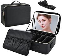 Borsa da viaggio portatile di grande capacità, specchio luminoso dimmerabile a LED con modalità sorgente luminosa a 3 livelli, scatola portaoggetti rimovibile con partizione regolabile, Nero , Large