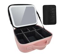 Borsa da viaggio portatile di grande capacità, specchio luminoso dimmerabile a LED con modalità sorgente luminosa a 3 livelli, scatola portaoggetti rimovibile con partizione regolabile, rosa, Small