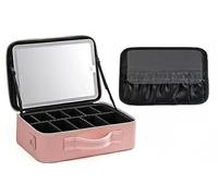 Borsa da viaggio portatile di grande capacità, specchio luminoso dimmerabile a LED con modalità sorgente luminosa a 3 livelli, scatola portaoggetti rimovibile con partizione regolabile, rosa, Large