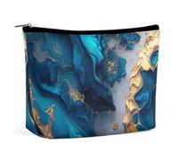 Borsa da viaggio portatile per il trucco, borsa cosmetica di grande capacità con cerniera per donna, borsa da toilette impermeabile essenziale da viaggio, texture in marmo di lusso oro e blu