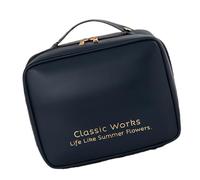 Borsa da viaggio portatile per il trucco, organizer per cosmetici, in pelle PU, con manico, divisorio, impermeabile, grande capacità, Blu navy, Consulte la descripción, descrizione