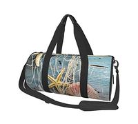 Borsa da viaggio rotonda Borsa da palestra con conchiglie da spiaggia, stelle marine, sabbia, borsa da palestra per uomo e donna