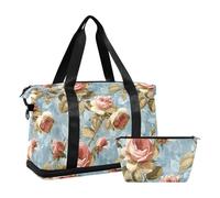 Borsa da viaggio vintage blu con pigiama party, borsa da viaggio per il fine settimana borsa da palestra borsa sportiva con borsa per cosmetici da escursionismo impermeabile, rosa vintage blu, 1