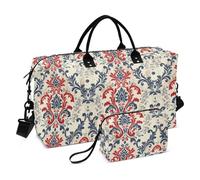 Borsa da viaggio vintage europea con fiori rossi e blu, borsa a tracolla per weekender, borsa da palestra con tracolla regolabile per trekking pieghevole
