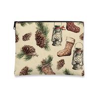 Borsa da viaggio vintage rustica, con pigne e lanterna, da donna, piccola borsa portatile in tela con cerniera, borsa da toilette natalizia, Beige, 7x9 Inch, Pigne