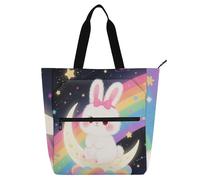 Borsa decorativa per libri, per bambini, donne, uomini, un simpatico coniglio bianco in stile cartone animato, robusta borsa da spiaggia per scuola, shopping, viaggi, arcobaleno bolso per libros de
