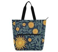 Borsa decorativa per libri, per bambini, studenti, adulti, con motivo William Morris, con girasole, blu scuro, giallo, grande, riutilizzabile, con tasche con cerniera, per scuola, shopping, generi