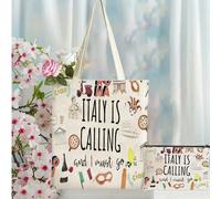 Borsa della spesa con stampa "L'Italia mi chiama, devo andare", borsa riutilizzabile da donna con stampa a lettere, borsa a spalla casual, borsa da scuola/spesa di grande capacità, ottimo regalo per i