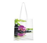 Borsa della spesa riutilizzabile, borsa della spesa, borsa a tracolla in tela multiuso,Benessere asiatico con pietre da massaggio Zen Orchidea viola