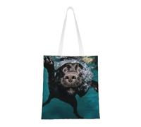 Borsa della spesa riutilizzabile, borsa della spesa, borsa a tracolla in tela multiuso,Cane Labrador Retriever nero che nuota