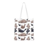 Borsa della spesa riutilizzabile, borsa della spesa, borsa a tracolla in tela multiuso,Illustrazione di foche Leone marino