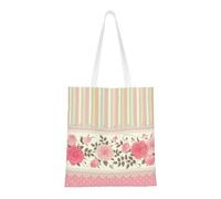 Borsa della spesa riutilizzabile, borsa della spesa, borsa a tracolla in tela multiuso,Motivo floreale vintage shabby chic con pois rosa e strisce neutre, motivo pizzo floreale