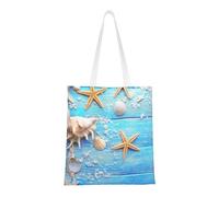 Borsa della spesa riutilizzabile, borsa della spesa, borsa a tracolla in tela multiuso,Sfondo in legno con conchiglie di stelle marine