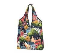 Borsa della spesa riutilizzabile con stampa di città dei cartoni animati, borsa della spesa pieghevole con manici, Nero, 1 PCS