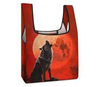 Borsa della spesa riutilizzabile divertente con lupo che ulula rossa luna, borsa per la spesa pieghevole, lavabile, leggera, con manico