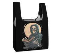 Borsa della spesa riutilizzabile divertente con scheletro di lettura e luna, borsa per la spesa pieghevole, lavabile, leggera, con manico
