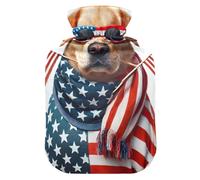 Borsa dell'acqua calda a forma di cane con bandiere americane e occhiali da sole, con copertura morbida per piedi e lettino per alleviare il dolore, 1 l