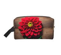 Borsa di immagazzinaggio della chiusura lampo della stampa di dalia rossa del fiore del bordo di legno, accessori da viaggio, borsa degli articoli da toeletta, borsa portatile degli articoli da to