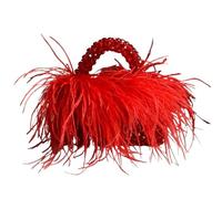 Borsa Di Piume Borsa con perline di perle e piuma, borsa a mano con scatola di pietra di cristallo trasparente, borsa da festa fatta a mano da donna Per Festa, Diserbo, Ballo, Banchetto, Cocktail(Red1