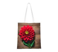 Borsa di tela estetica in tela con stampa di dalie rosse retrò con bordo di legno, borsa leggera e riutilizzabile, per shopping, palestra, lavoro