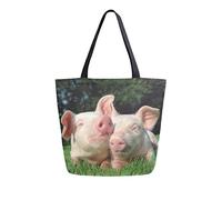 Borsa di tela Tote Bag Maiali al pascolo sul campo di erba casual per lo shopping viaggio riutilizzabili
