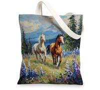Borsa di totalizzatore della tela dei cavalli selvatici, borse della drogheria riutilizzabili della natura, borse leggere della tracolla delle opere d'arte, Blu, 13x15 Inch