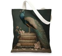 Borsa di totalizzatore della tela del pavone, borse riutilizzabili dell'annata, borse della spesa blu leggere della cinghia della spalla di lino 33x38 pollici