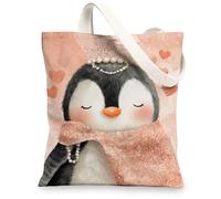 Borsa di totalizzatore della tela del pinguino carino, borse della spesa riutilizzabili adorabili, borse leggere morbide della tracolla del corallo, Corallo, 13x15 Inch