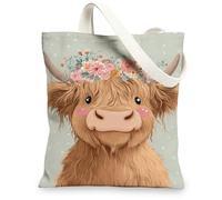 Borsa di totalizzatore della tela della mucca dell'altopiano, borse della spesa riutilizzabili floreali, borse leggere chic, Beige, 13x15 Inch