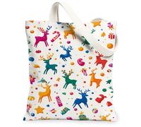 Borsa di totalizzatore della tela della renna di Natale, borse della spesa riutilizzabili variopinte del modello di vacanza, tracolla lavabile leggera, bianco, 13x15 Inch