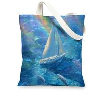 Borsa di totalizzatore della tela della scena dell'oceano, borse della spesa riutilizzabili ecologiche, borse da spiaggia blu leggere vibranti 13x15 pollici