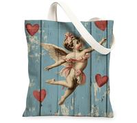 Borsa di totalizzatore della tela di angelo dell'annata, borse riutilizzabili della drogheria della stampa del cuore romantico, borse lavabili leggere della tela, Blu, 13x15 Inch