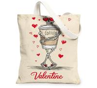 Borsa di totalizzatore della tela di caffè dello scheletro di San Valentino, borse della spesa riutilizzabili di progettazione del cuore sveglio, la cinghia di spalla lavabile, Beige, 13x15 Inch