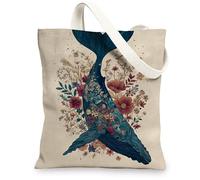 Borsa di totalizzatore della tela floreale della balena, borse della spesa riutilizzabili ecologiche, borse a tracolla leggere a tema della natura 13x15 pollici