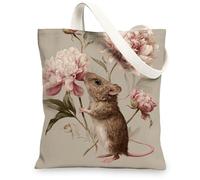 Borsa di totalizzatore della tela floreale dell'annata, borse della spesa riutilizzabili del modello artistico del topo e della peonia, tracolla lavabile leggera, Beige, 13x15 Inch