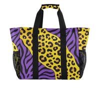 Borsa di totalizzatore di utilità della stampa del leopardo giallo-porpora borse pieghevoli della spiaggia, Stampa leopardata giallo-viola, 1 size, Moda