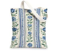 Borsa di totalizzatore floreale della tela, borse della spesa riutilizzabili dell'annata, borse blu leggere della tracolla di lino 13x15 pollici