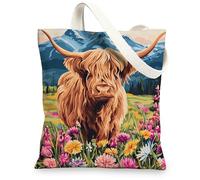 Borsa di totalizzatore floreale della tela, borse riutilizzabili della drogheria di arte della mucca dell'altopiano, borse della spesa leggere eco, Marrone, 13x15 Inch