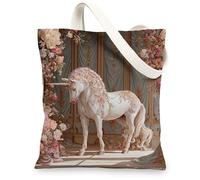 Borsa di totalizzatore magica floreale della tela del cavallo, borse riutilizzabili d'annata, borse bianche leggere di lino della tracolla, bianco, 13x15 Inch