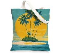 Borsa di totalizzatore tropicale della tela, borse della spesa riutilizzabili del modello dell'isola dell'annata della palma, ecologico lavabile leggero dovrebbe, Verde acqua, 13x15 Inch