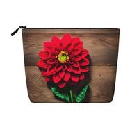 Borsa di trucco di viaggio di stampa della dalia rossa del fiore del bordo di legno, borse cosmetiche di grande capacità per le donne, borsa cosmetica portatile, borsa da toilette