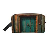 Borsa di trucco rustica antica della stampa della porta di legno, sacchetto portatile di trucco di viaggio, organizzatore di articoli da toeletta, grande borsa per il trucco per le donne