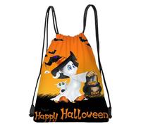 Borsa dolce o acida, per Halloween, con coulisse, per Halloween, da 13 x 16,9 pollici, con chiusura a coulisse, per caramelle, per dolcetti, gatto seduto su un design per la casa