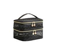 Borsa for cosmetici in rete nera a doppio strato da viaggio portatile di grande capacità Custodia for trucco for toilette con cerniera(Black double cover)