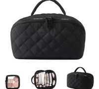 Borsa for il trucco da donna, borse da toilette da viaggio imbottite trapuntate, grande organizer piatto a 180° con scomparti(Black)